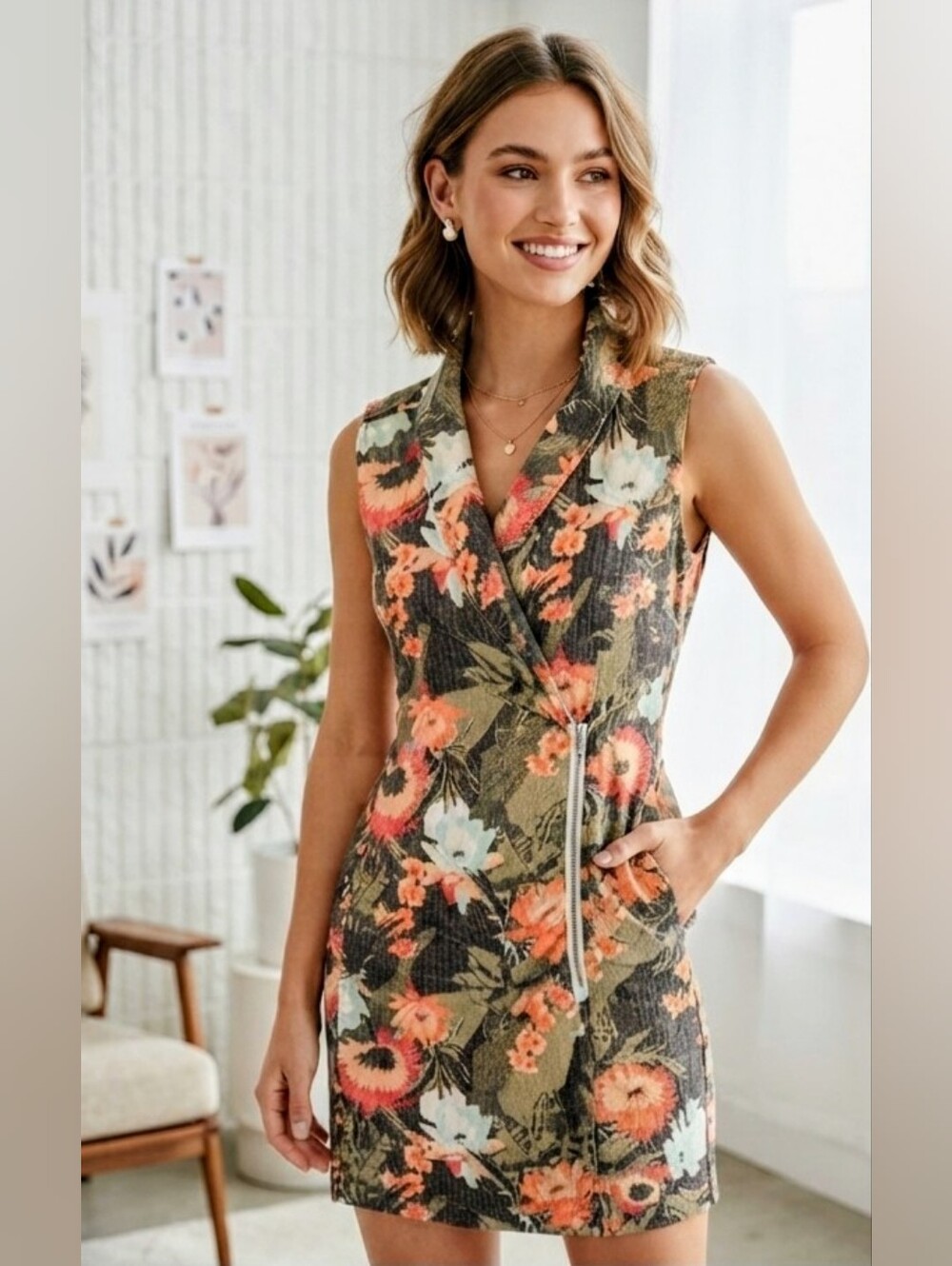 Bench Floral Wrap Mini Dress NWOT Side Zipper W/ Pockets XS